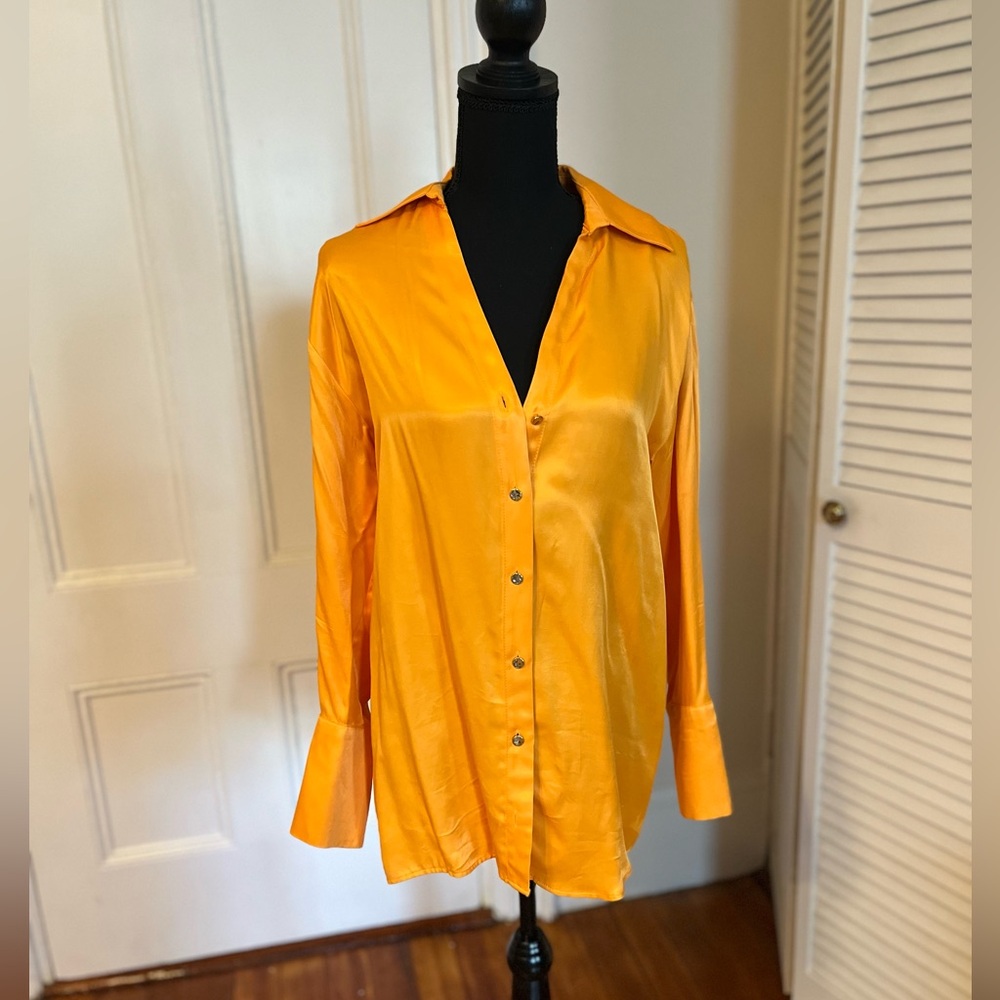 Orange Zara satin button down blouse